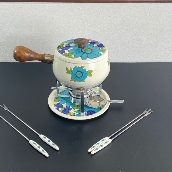 Vintage floral fondu set with utensils